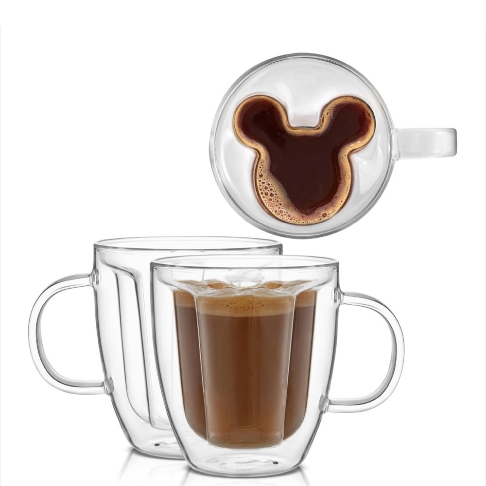 DISNEY JoyJolt Mickey Mouse 3D Glass Cup Mug Insulated Double Wall 8 Oz 3”